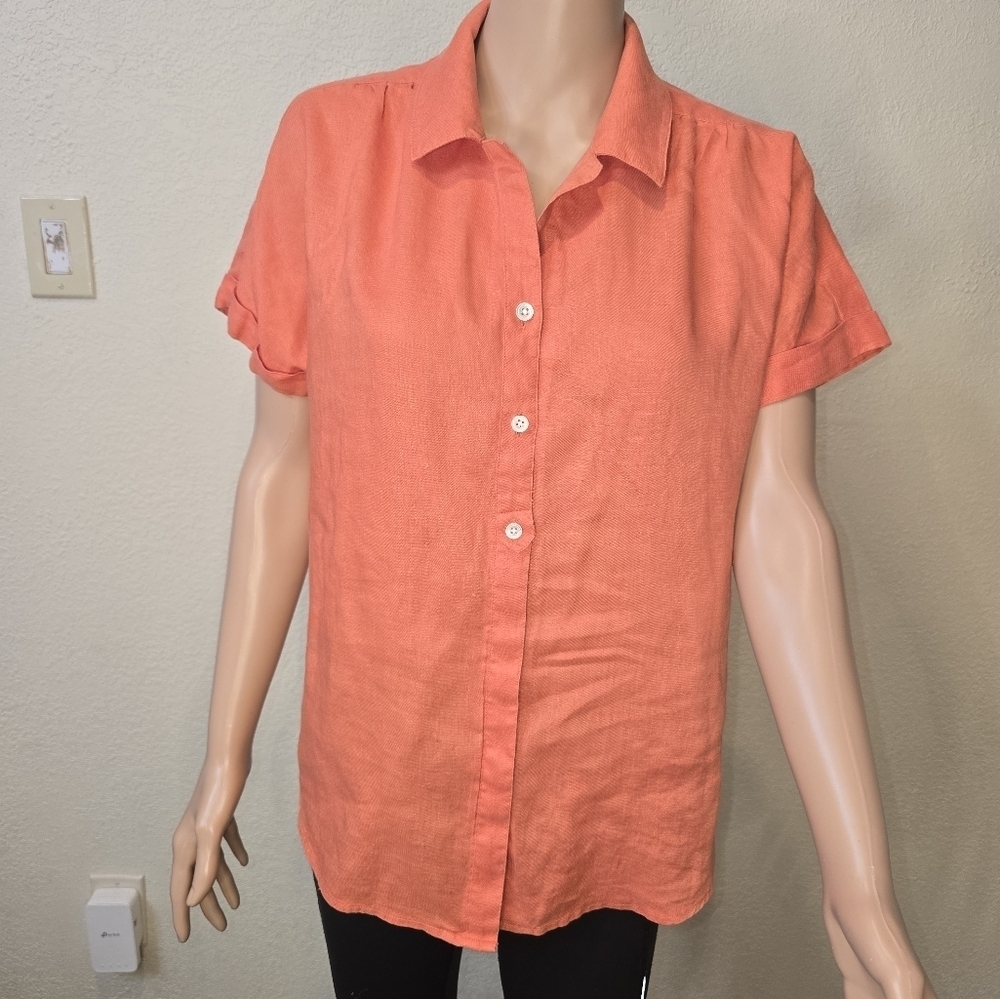 J. Jill Womens Size Medium Orange Short Sleeve 100 % Linen Button Up Blouse
